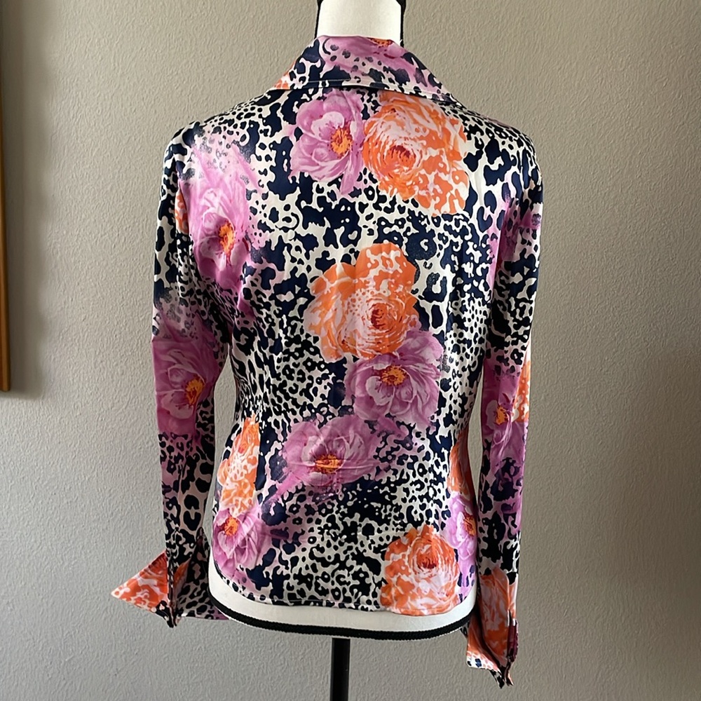 ST. JOHN silk floral leopard print blouse roses peony - Picture 3 of 17
